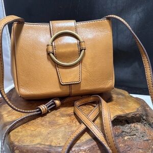 Tan Leather HOBO Crossbody Bag with Gold Ring Accent